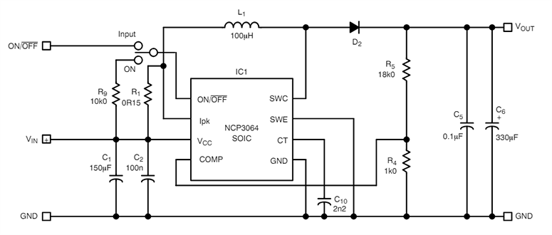 Schematic - onsemi NCP3064 Buck Boost Inverting Switching Regulators